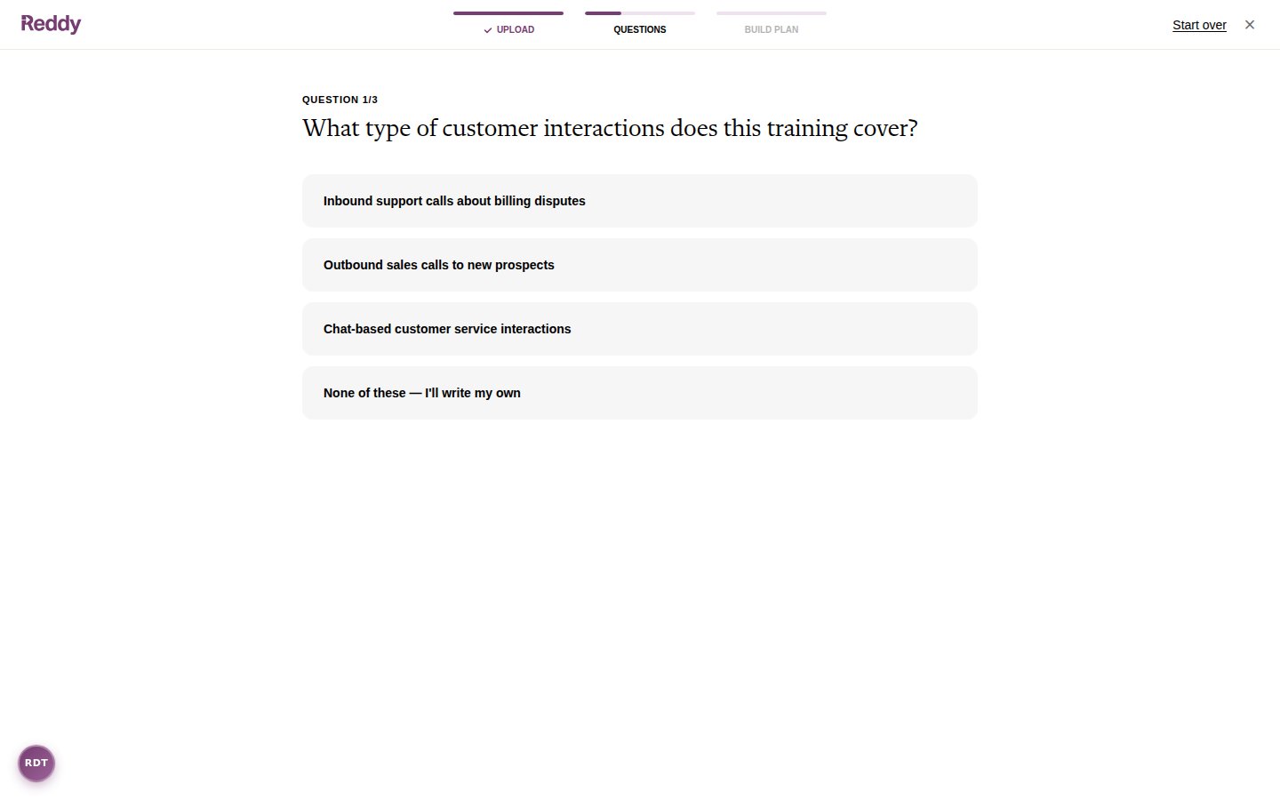 Questions step showing Question 1 of 3 with suggested answers and a write-your-own option