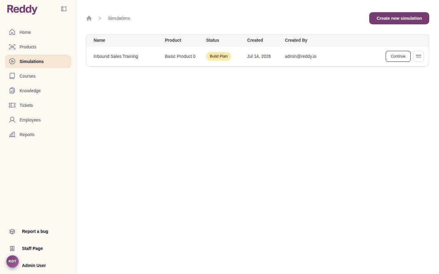 Simulations list page showing existing modules with status, product, and actions