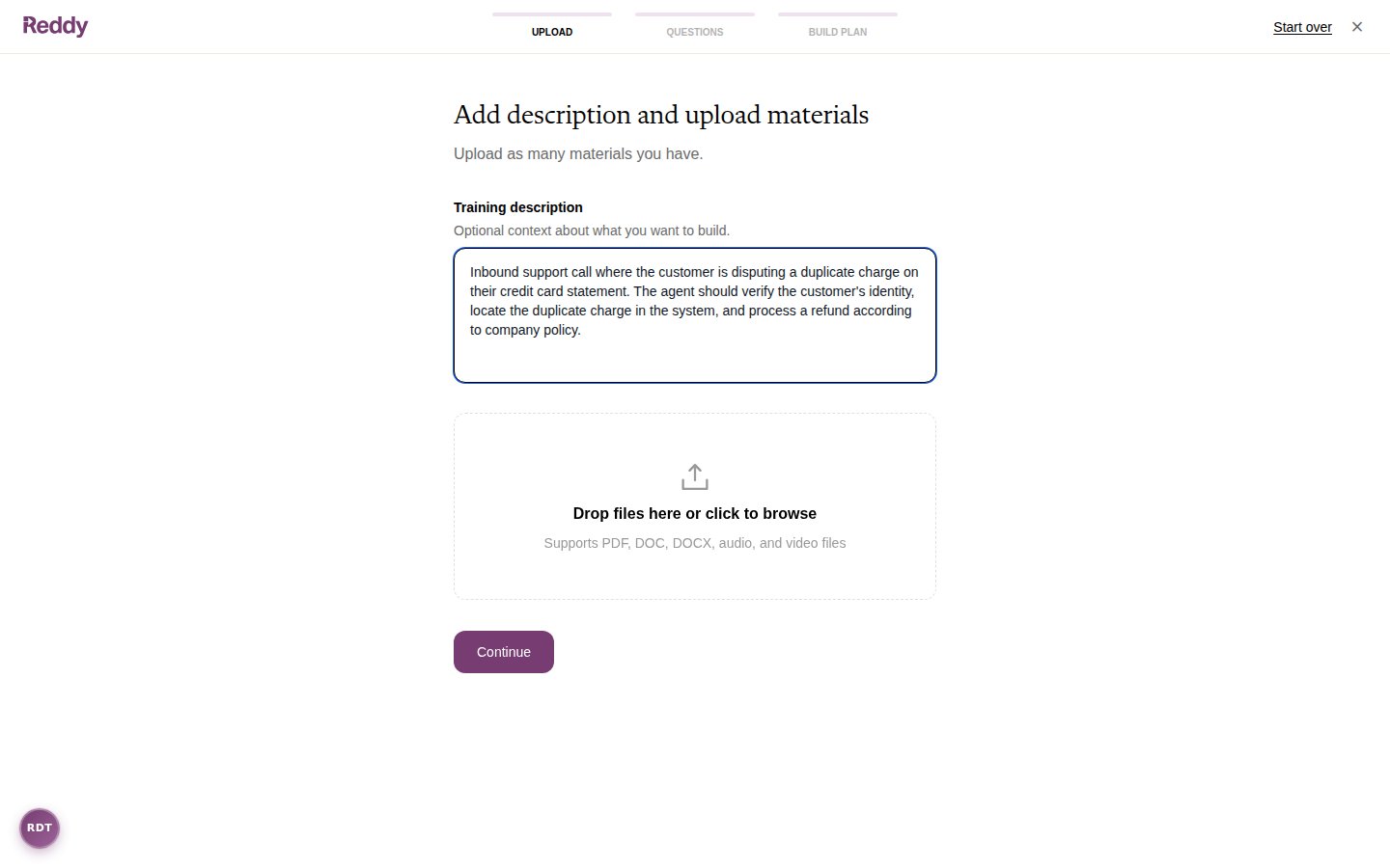 Upload step showing training description field and file upload area