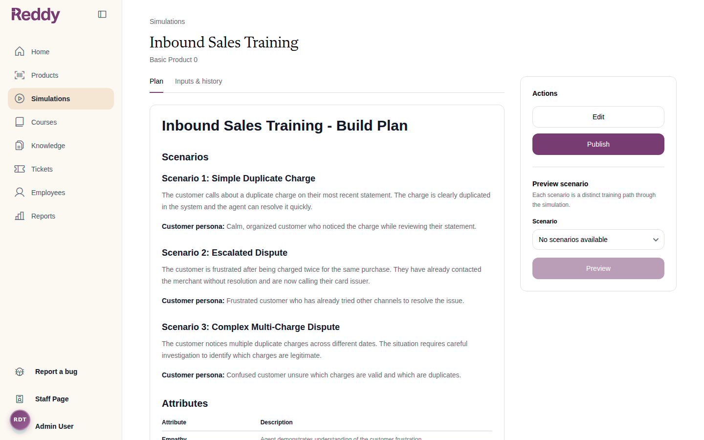 Module view page showing the build plan on the left with Plan and Inputs and history tabs, and an Actions sidebar with Edit, Publish, and Preview controls