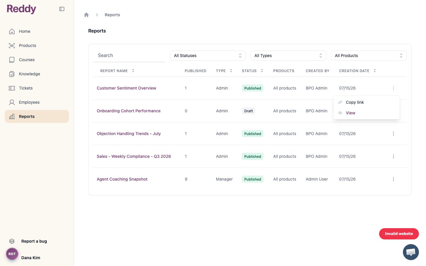Report actions menu for a viewer showing only Copy link and View