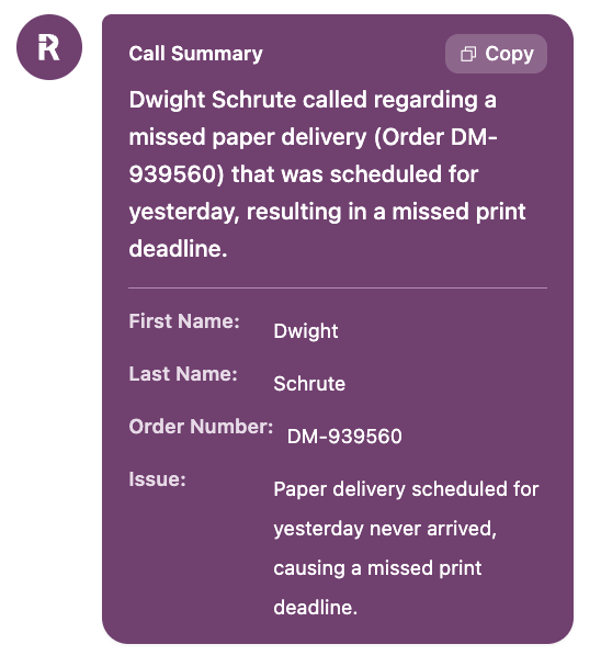 Call summary panel showing key customer details
