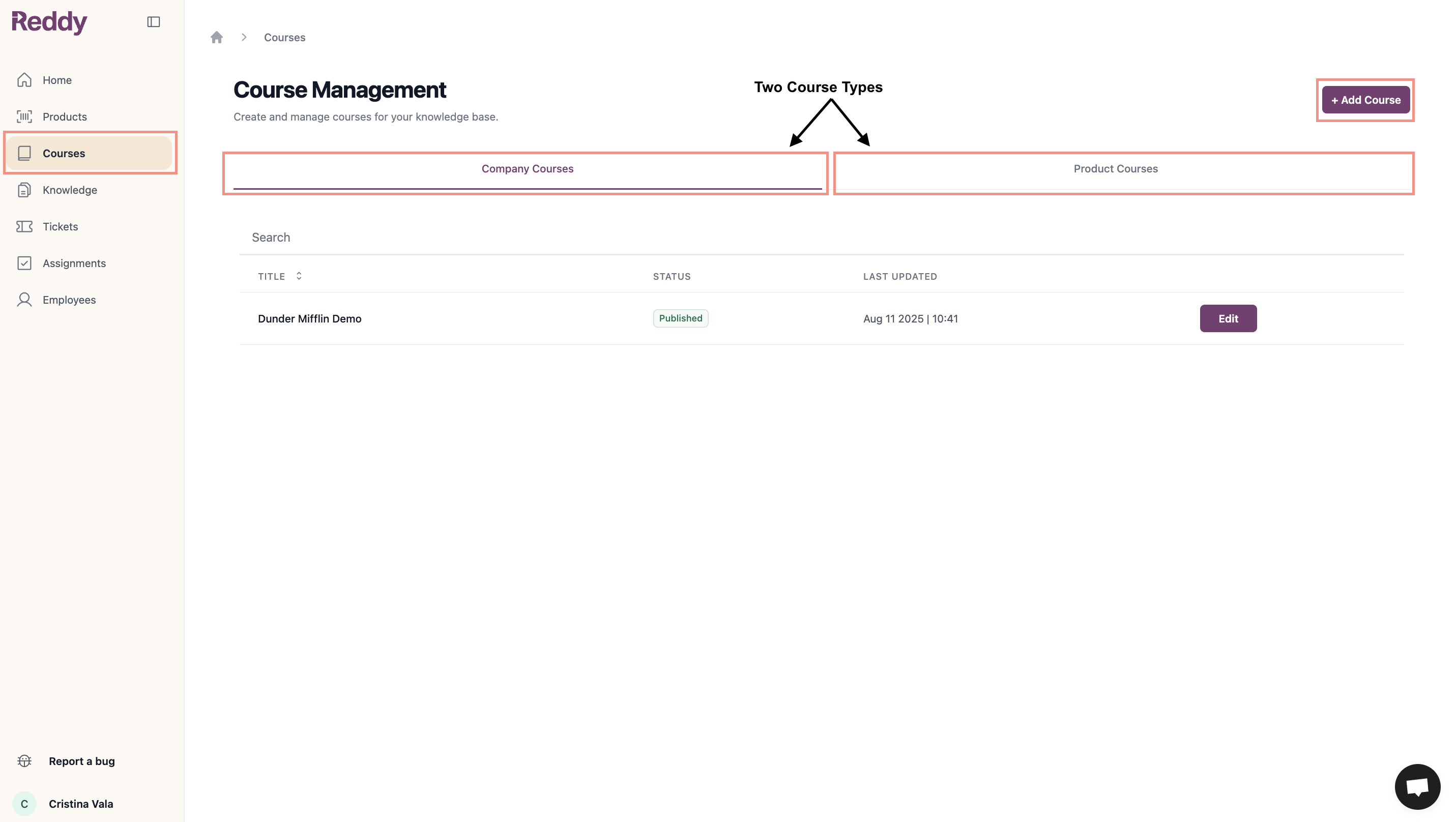 Course management interface showing course tab