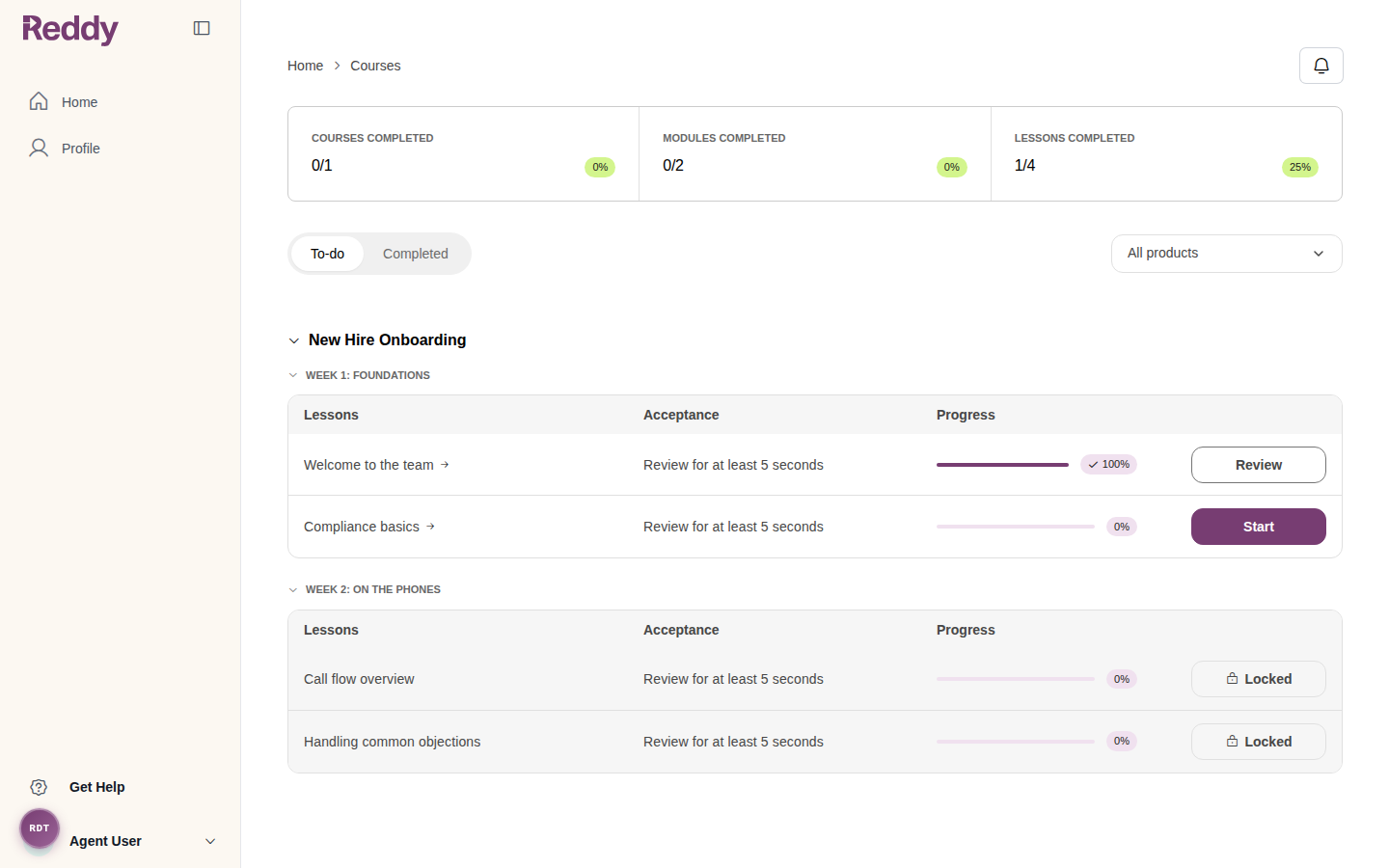 Agent dashboard with the first lesson complete, the second lesson ready to start, and later lessons locked