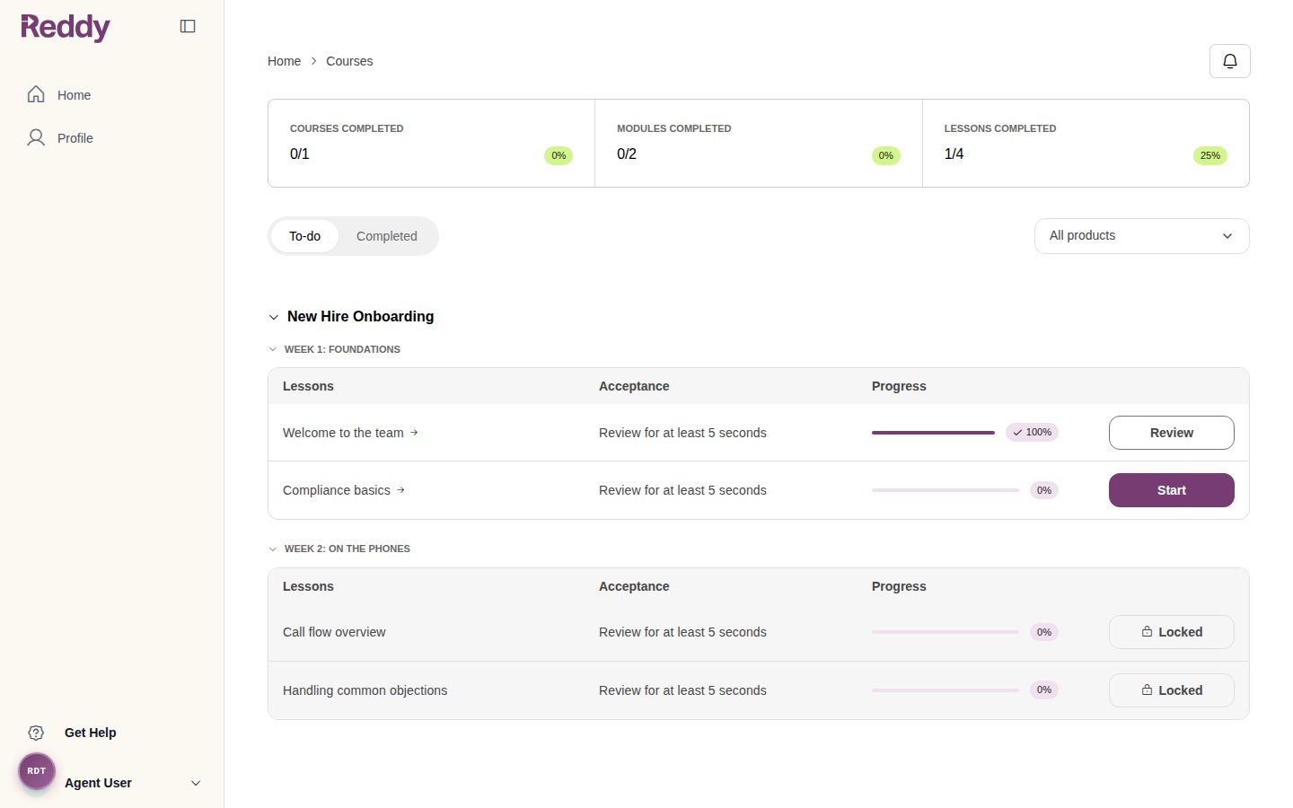 Agent dashboard with the first lesson complete, the second lesson ready to start, and later lessons locked