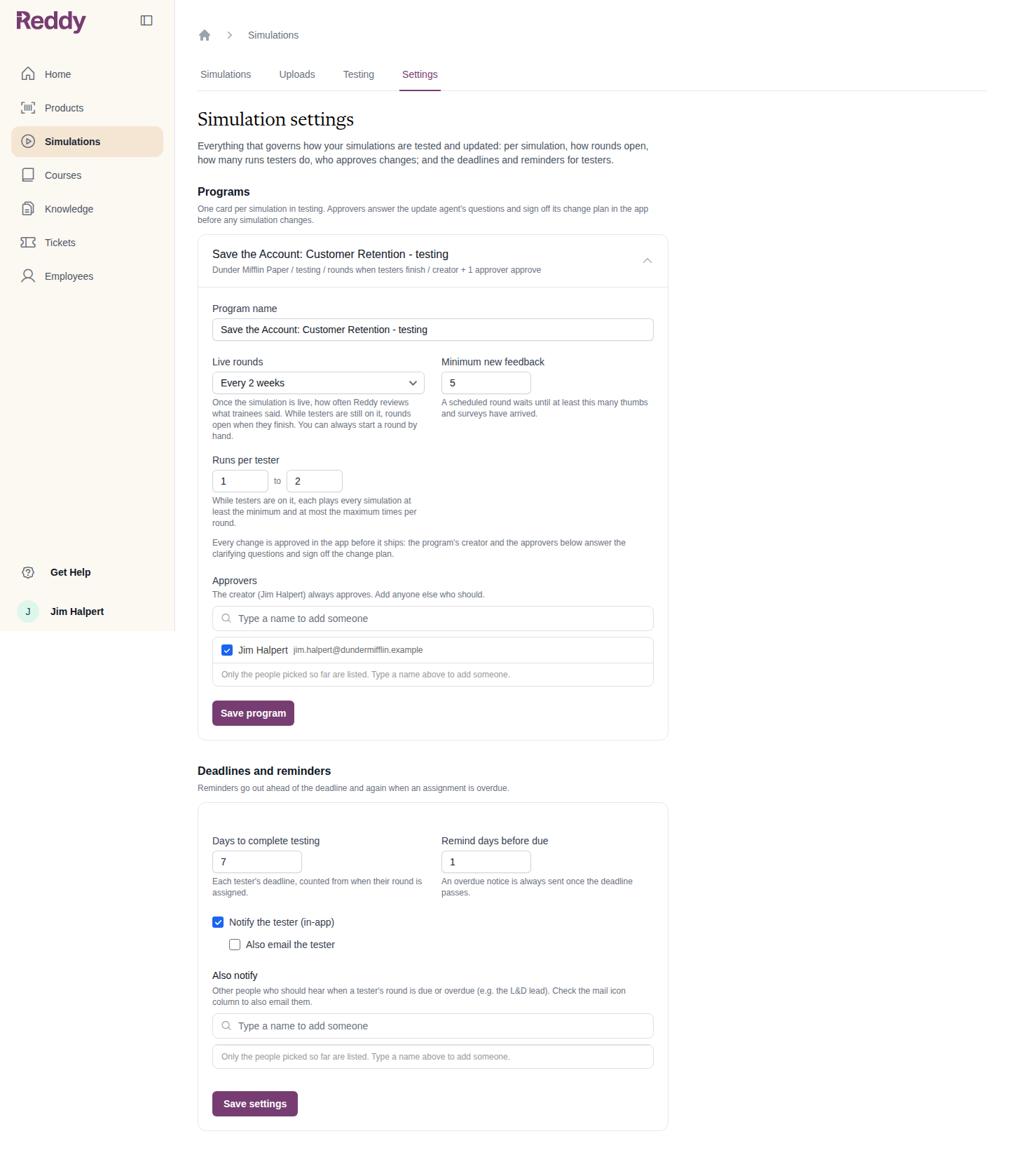 Simulation settings: a program card with name, cadence, minimum new feedback, runs per tester and approvers, then deadlines and reminders