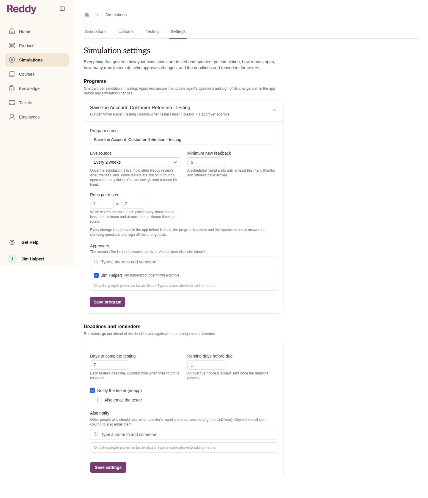 Simulation settings: a program card with name, cadence, minimum new feedback, runs per tester and approvers, then deadlines and reminders