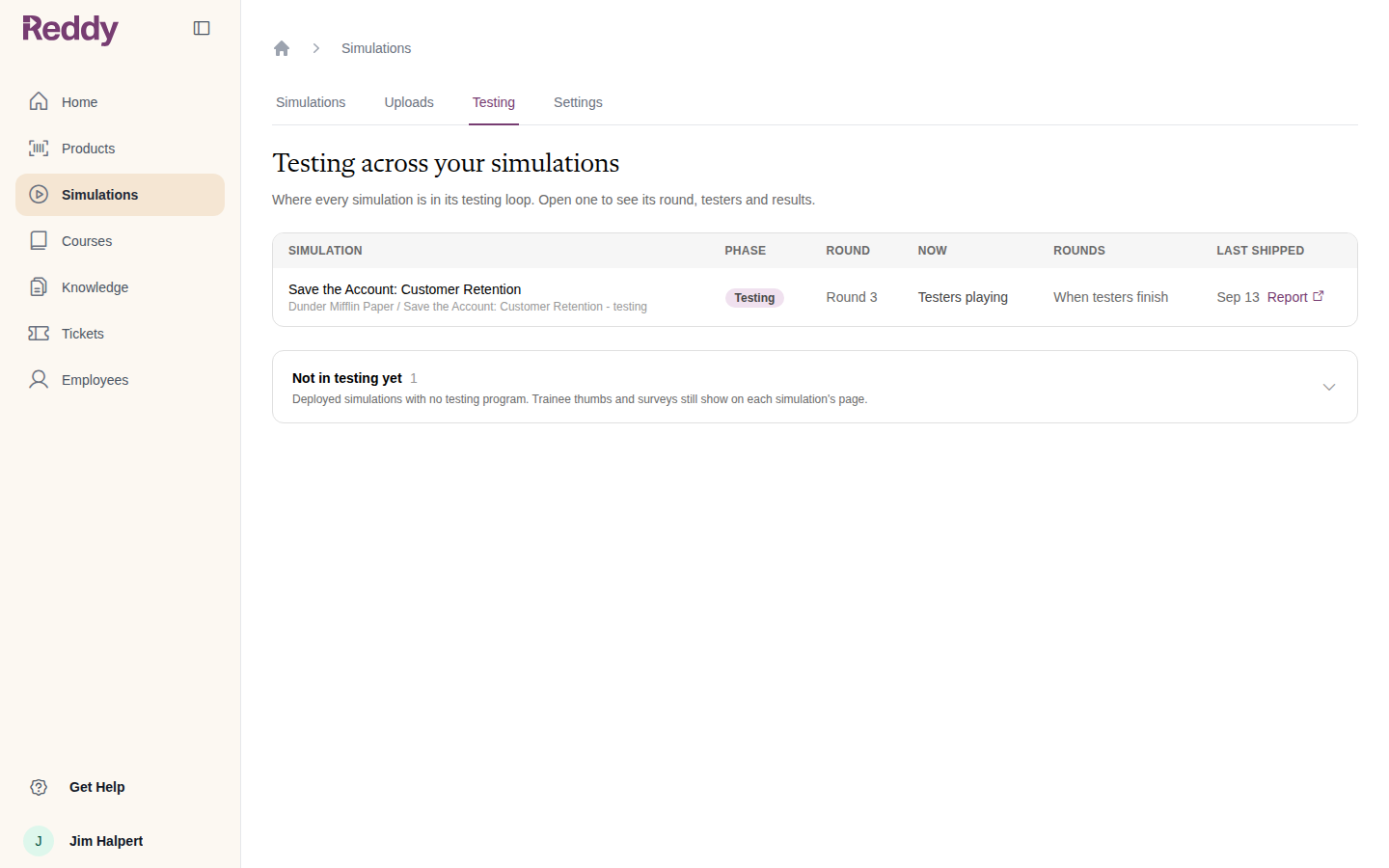Testing across your simulations: one row per simulation with phase, round, status, rounds cadence and last shipped