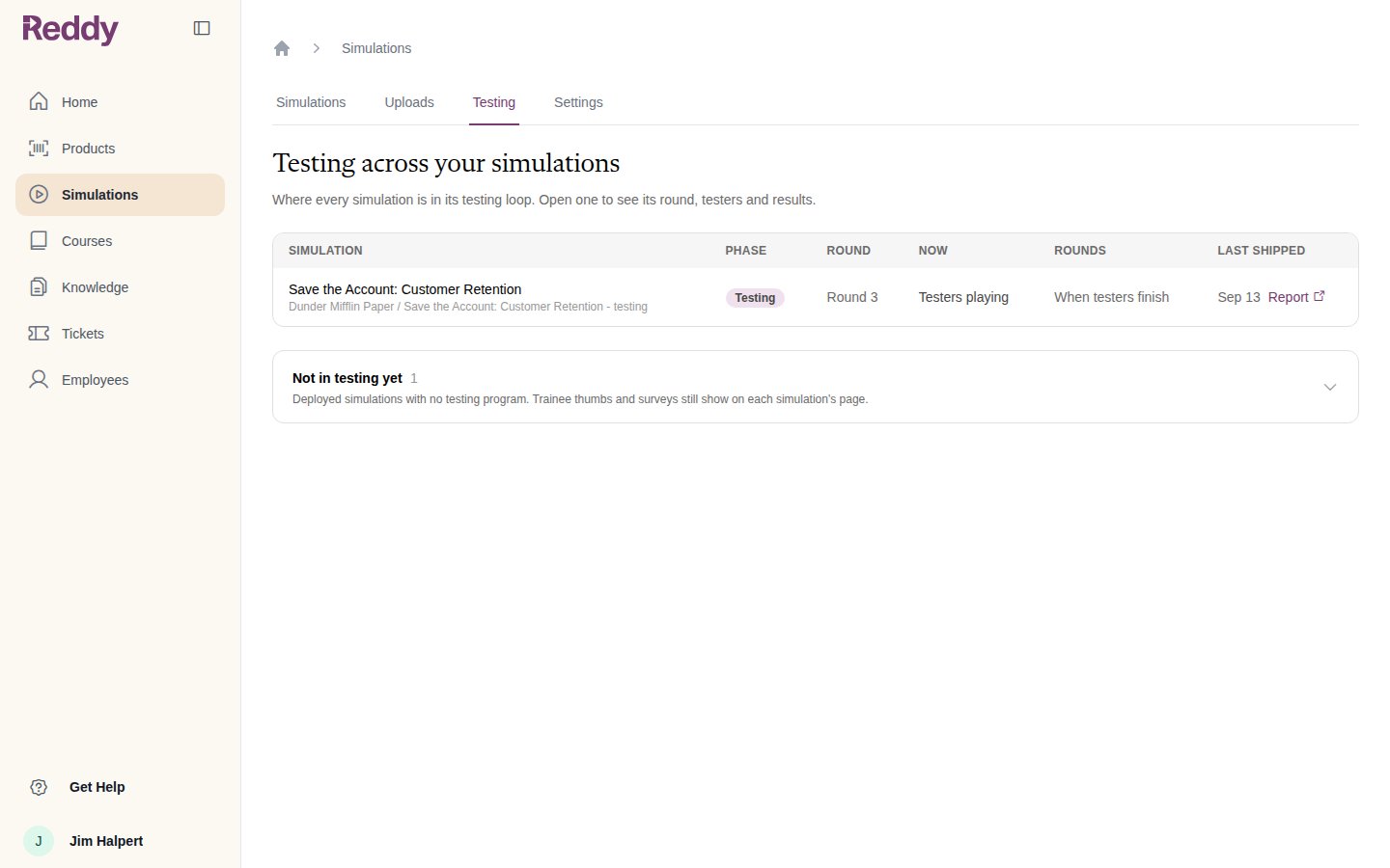 Testing across your simulations: one row per simulation with phase, round, status, rounds cadence and last shipped