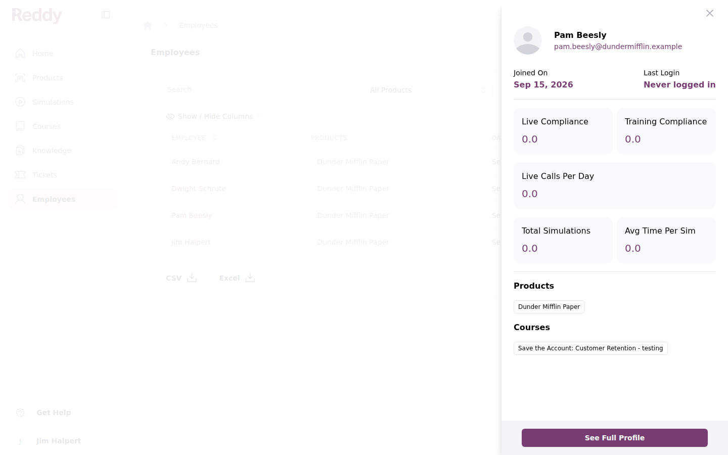 Employee side panel for Pam Beesly with the tester course listed under Courses