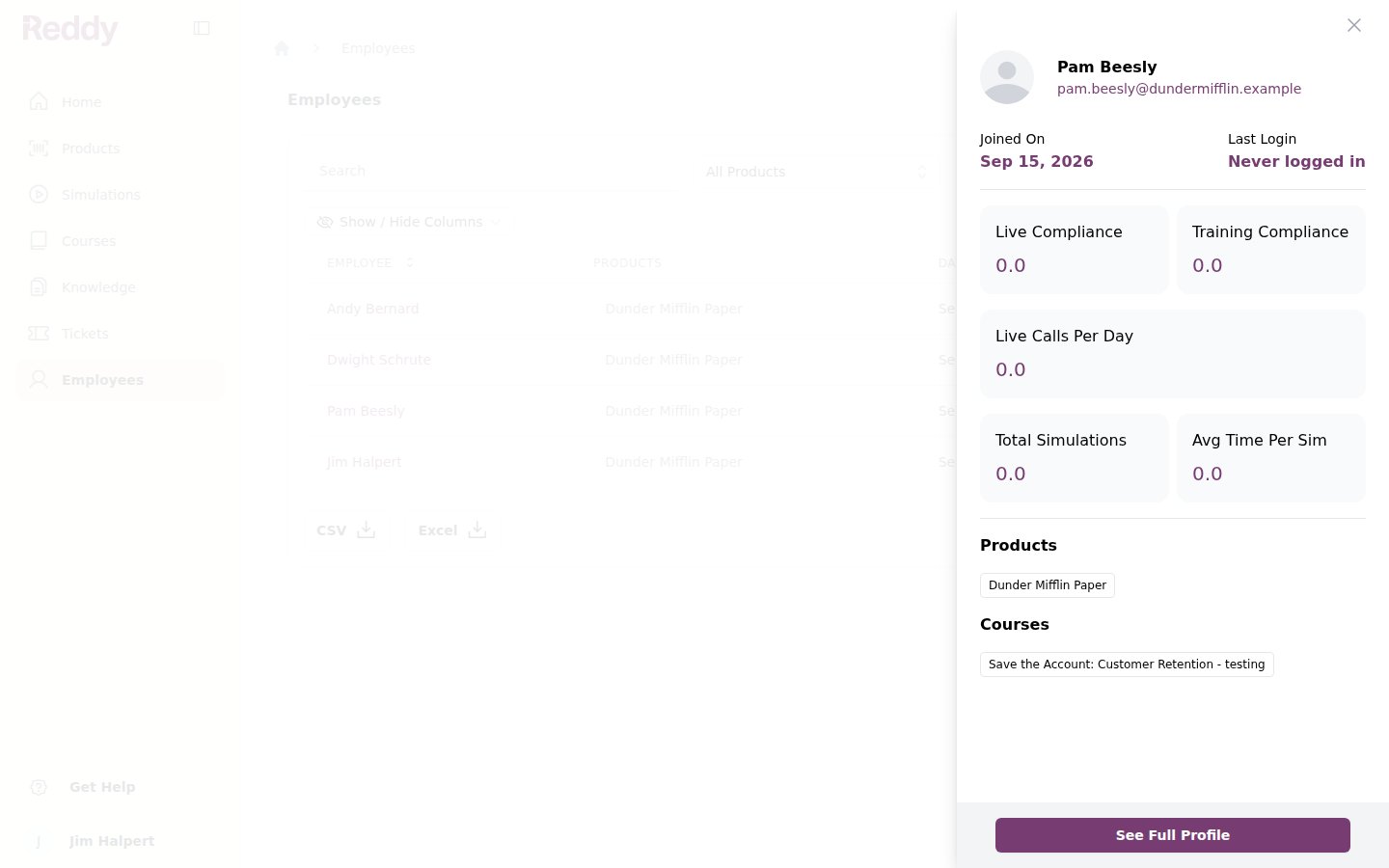 Employee side panel for Pam Beesly with the tester course listed under Courses