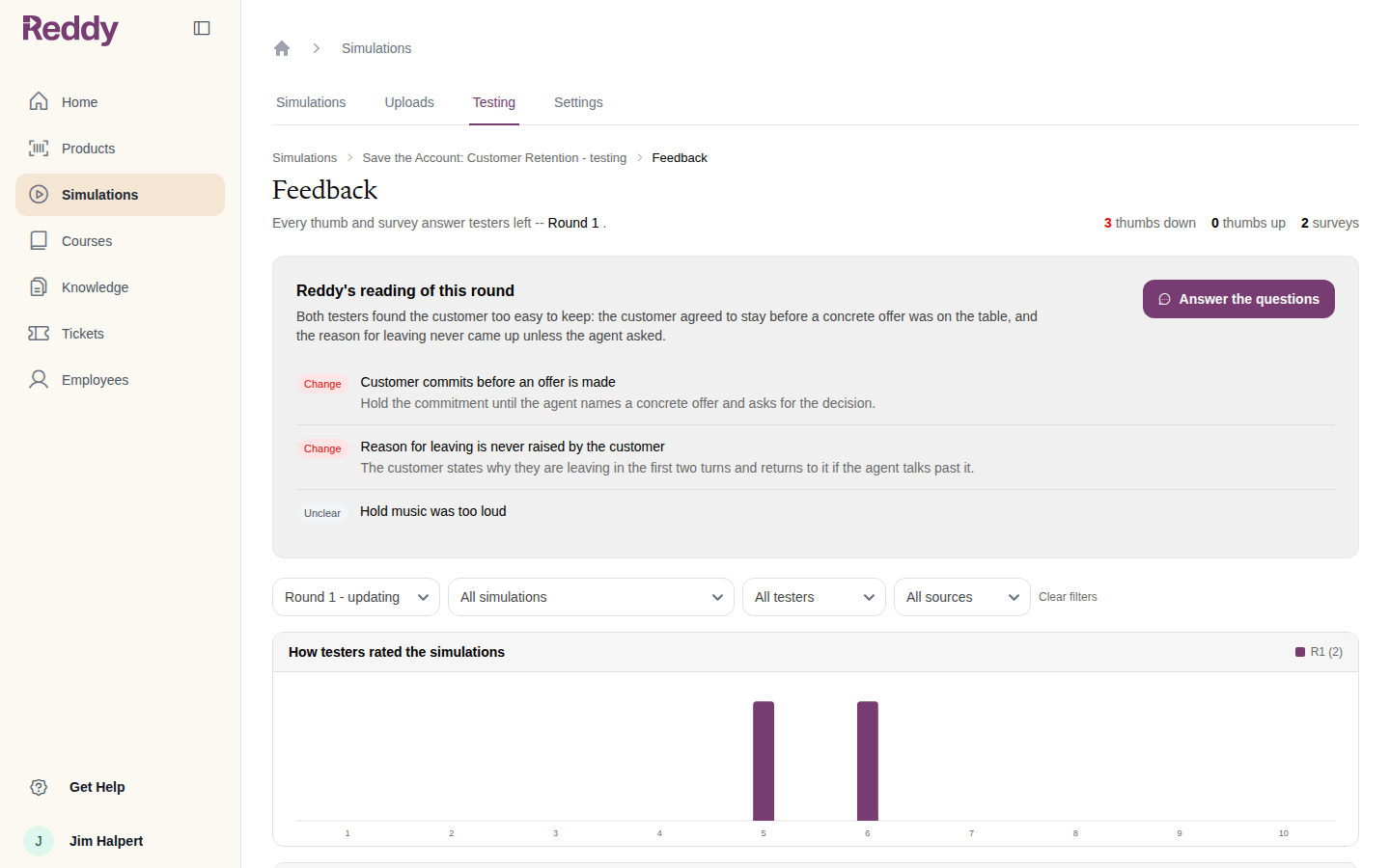 Feedback page with Reddy's reading: a summary, two findings marked Change, one marked Unclear
