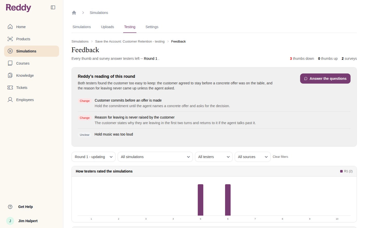 Feedback page with Reddy's reading: a summary, two findings marked Change, one marked Unclear