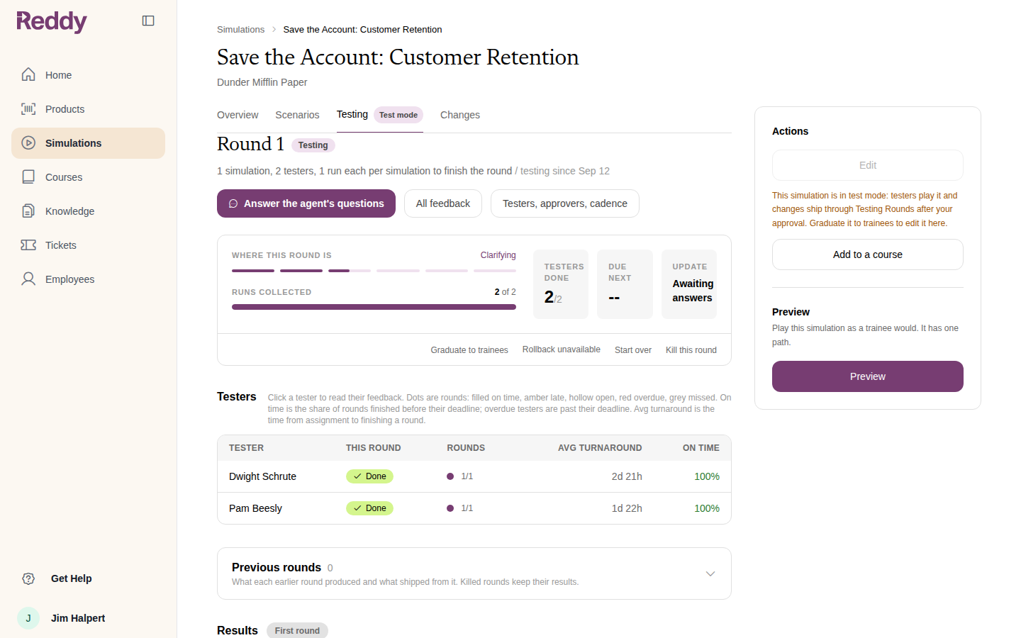 Testing tab with the round complete and an Answer the agent's questions button