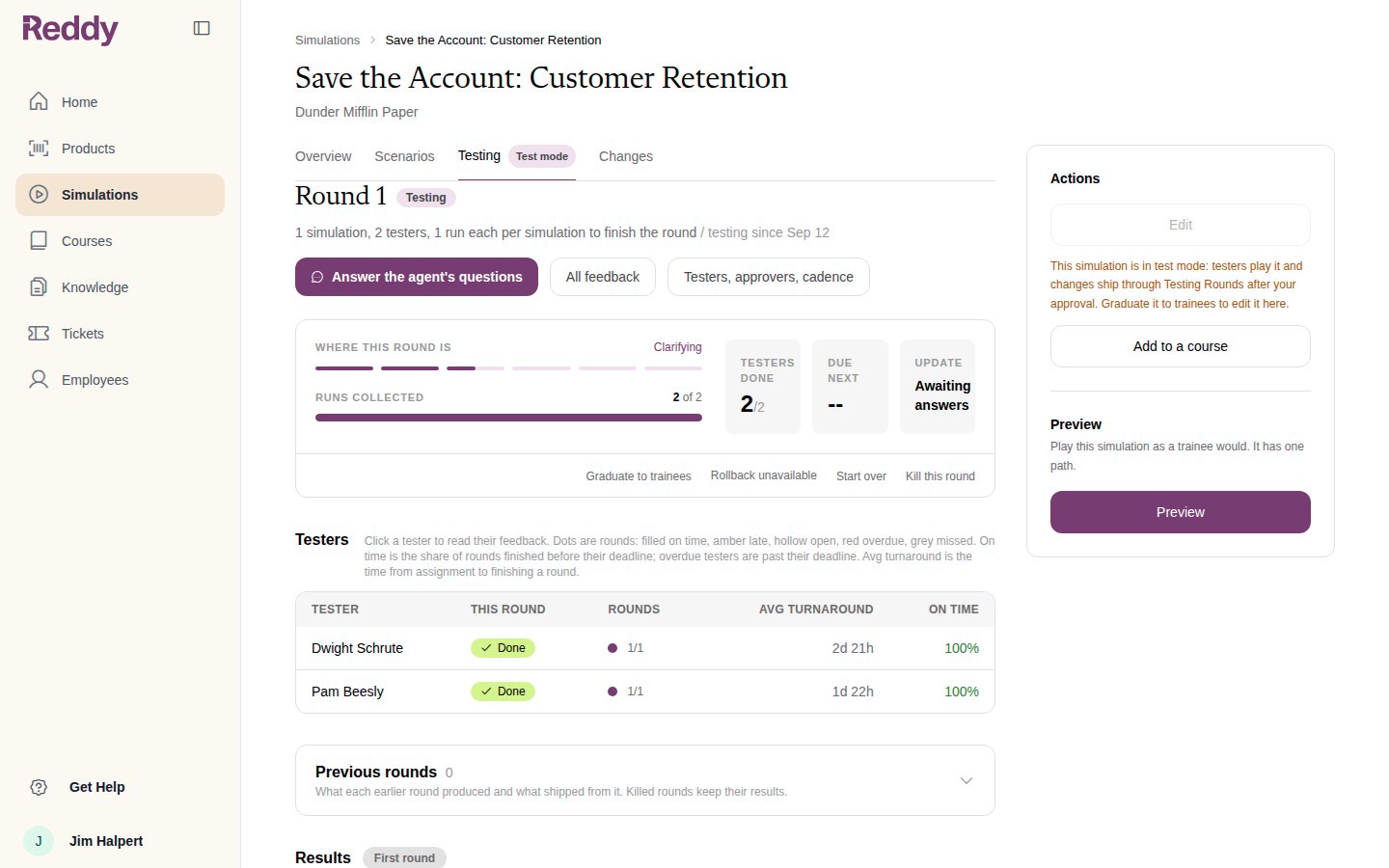 Testing tab with the round complete and an Answer the agent's questions button