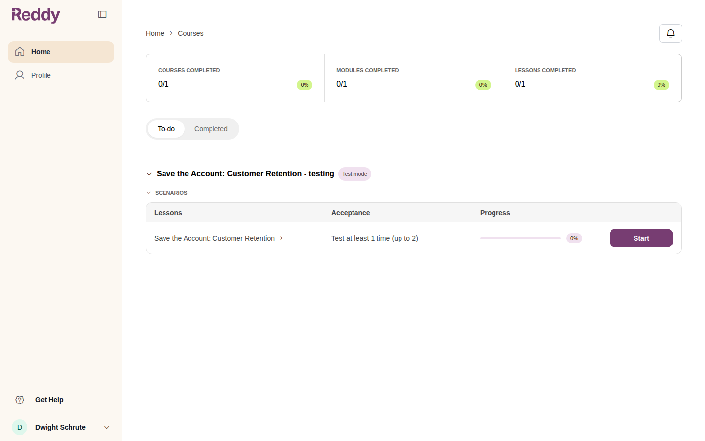 A tester's dashboard showing the testing course in test mode with the rule Test at least 1 time, up to 2