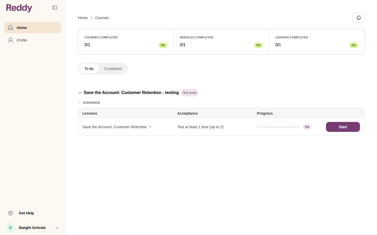 A tester's dashboard showing the testing course in test mode with the rule Test at least 1 time, up to 2
