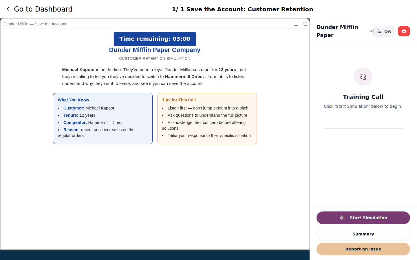 The retention simulation as a tester sees it before starting the call