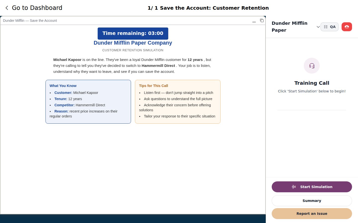 The retention simulation as a tester sees it before starting the call