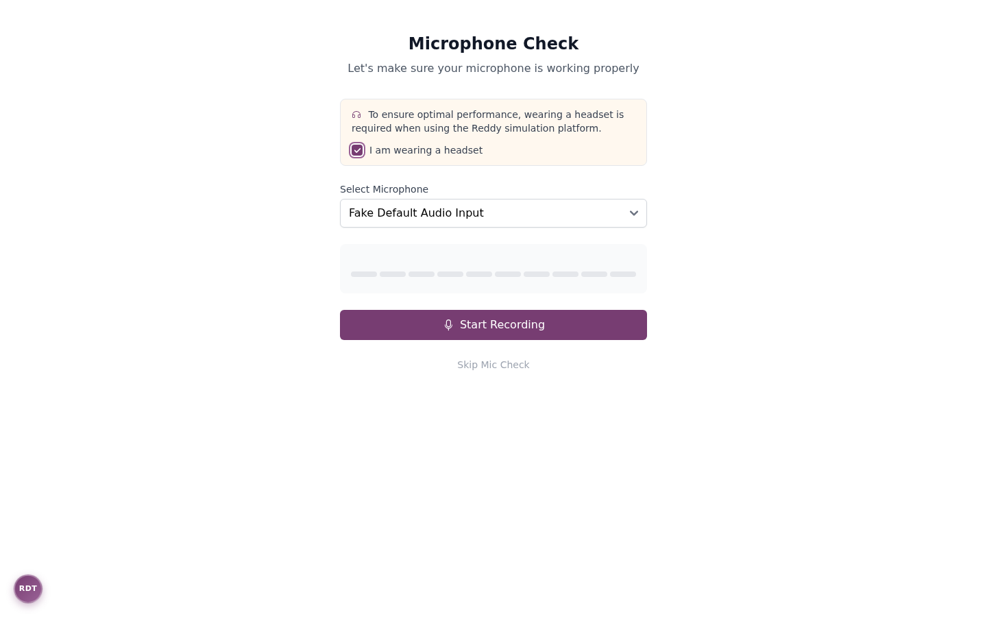 Microphone Check page with headset confirmation and Start Recording enabled