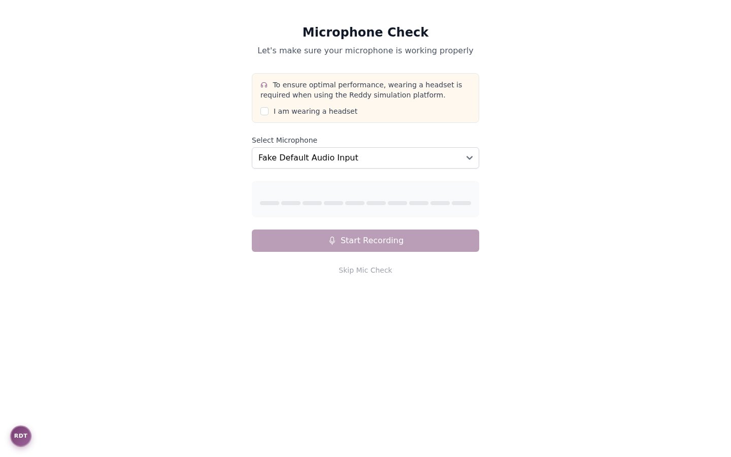 Microphone Check page showing headset requirement notice and disabled Start Recording button