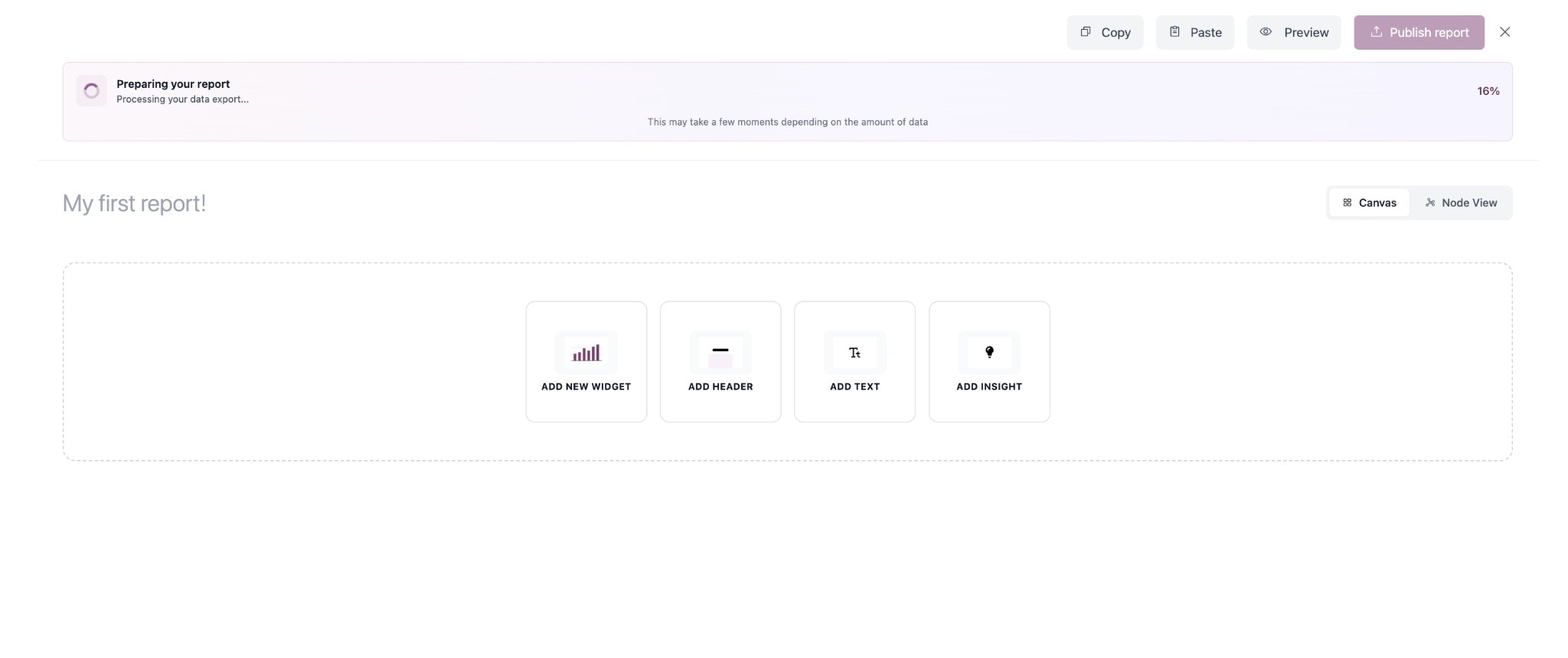 Report builder with Add New Widget, Add Header, Add Text, and Add Insight options