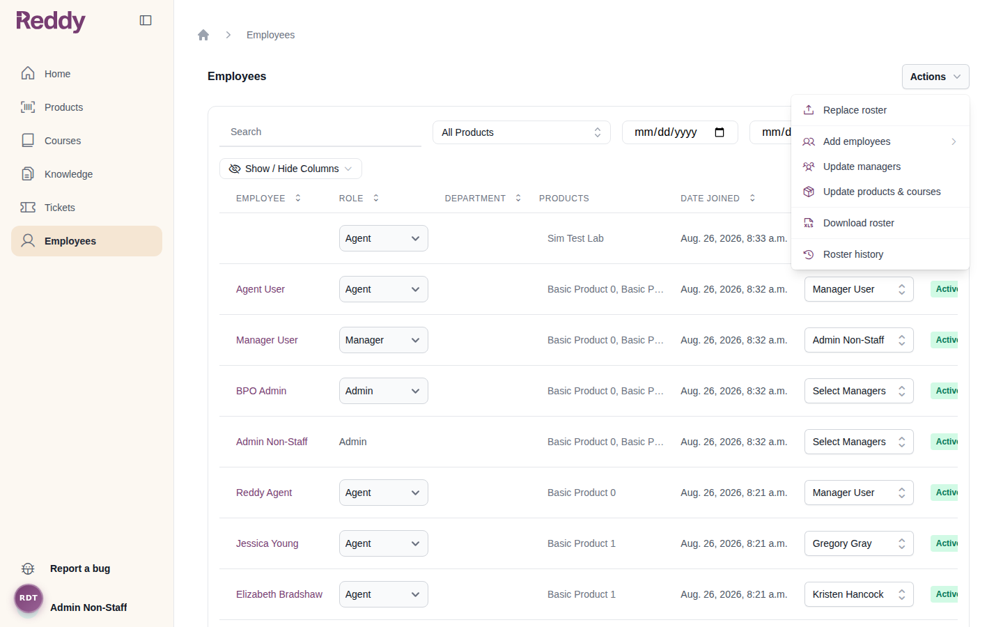 Actions menu on the Employees page showing Replace roster, Add employees, Update managers, Update products and courses, Download roster, and Roster history