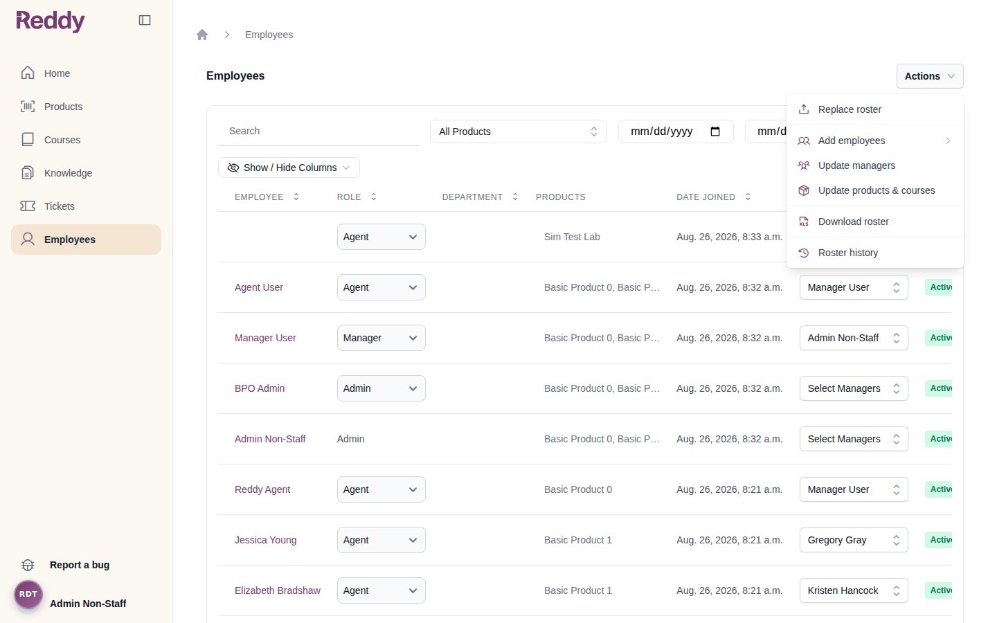 Actions menu on the Employees page showing Replace roster, Add employees, Update managers, Update products and courses, Download roster, and Roster history