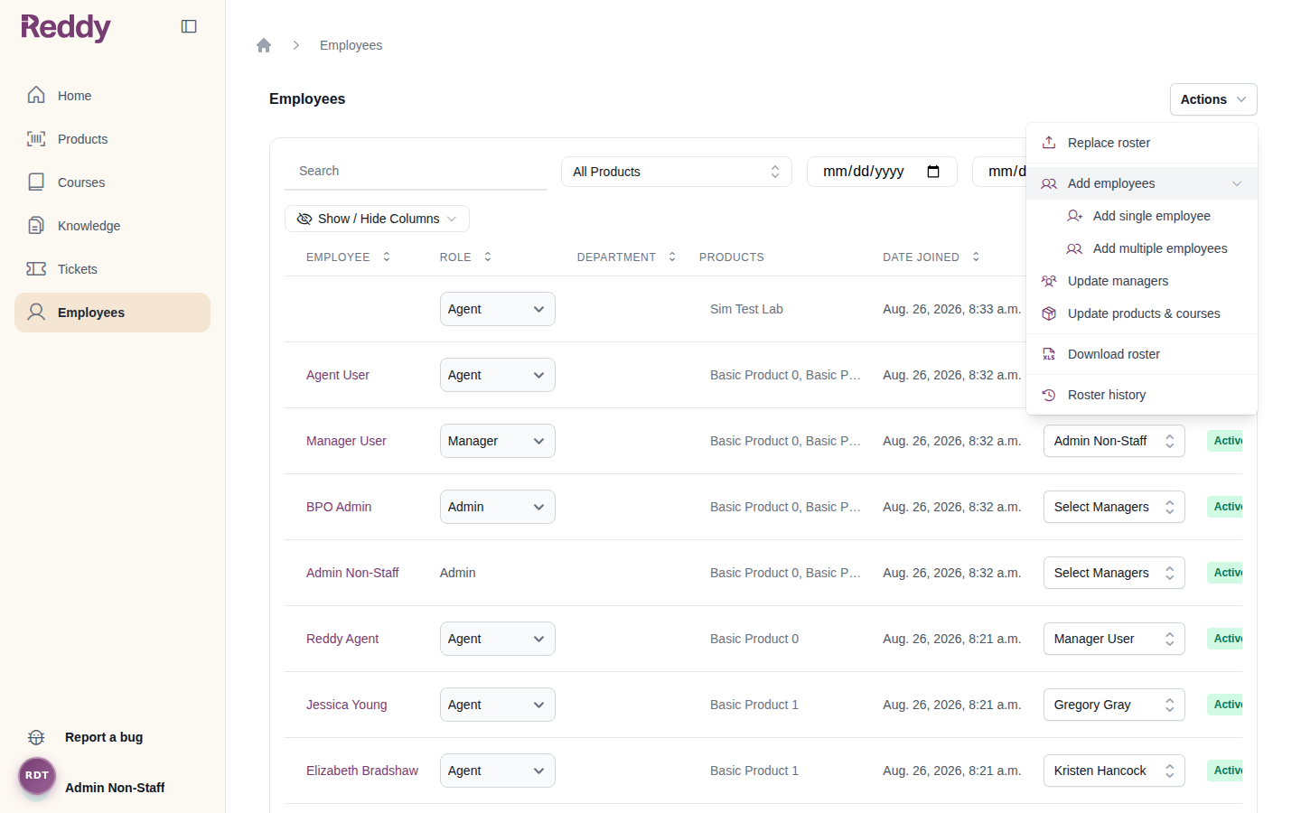 Actions menu with the Add employees submenu expanded, showing Add single employee and Add multiple employees