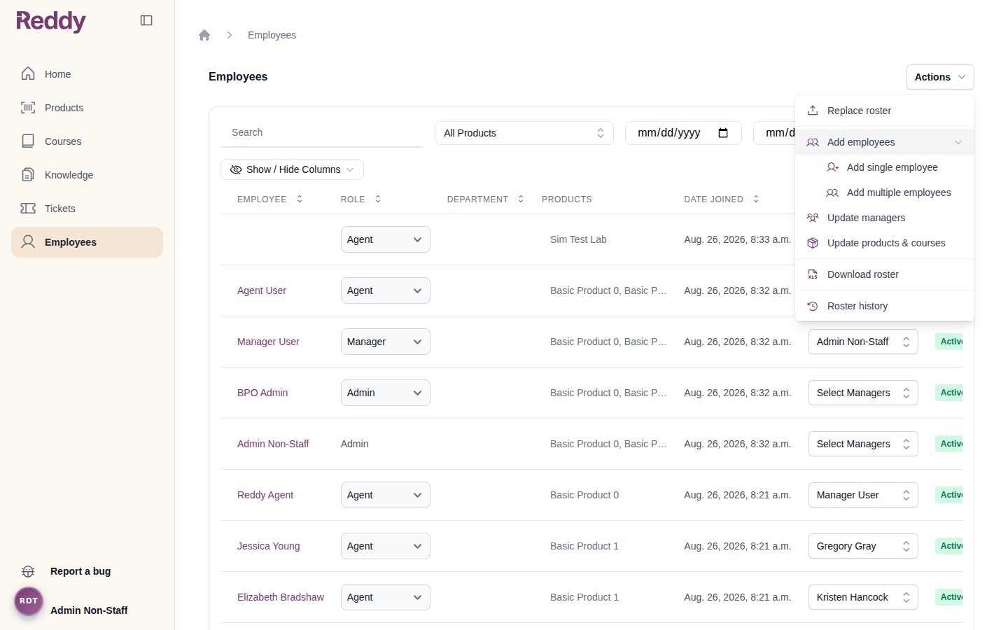 Actions menu with the Add employees submenu expanded, showing Add single employee and Add multiple employees