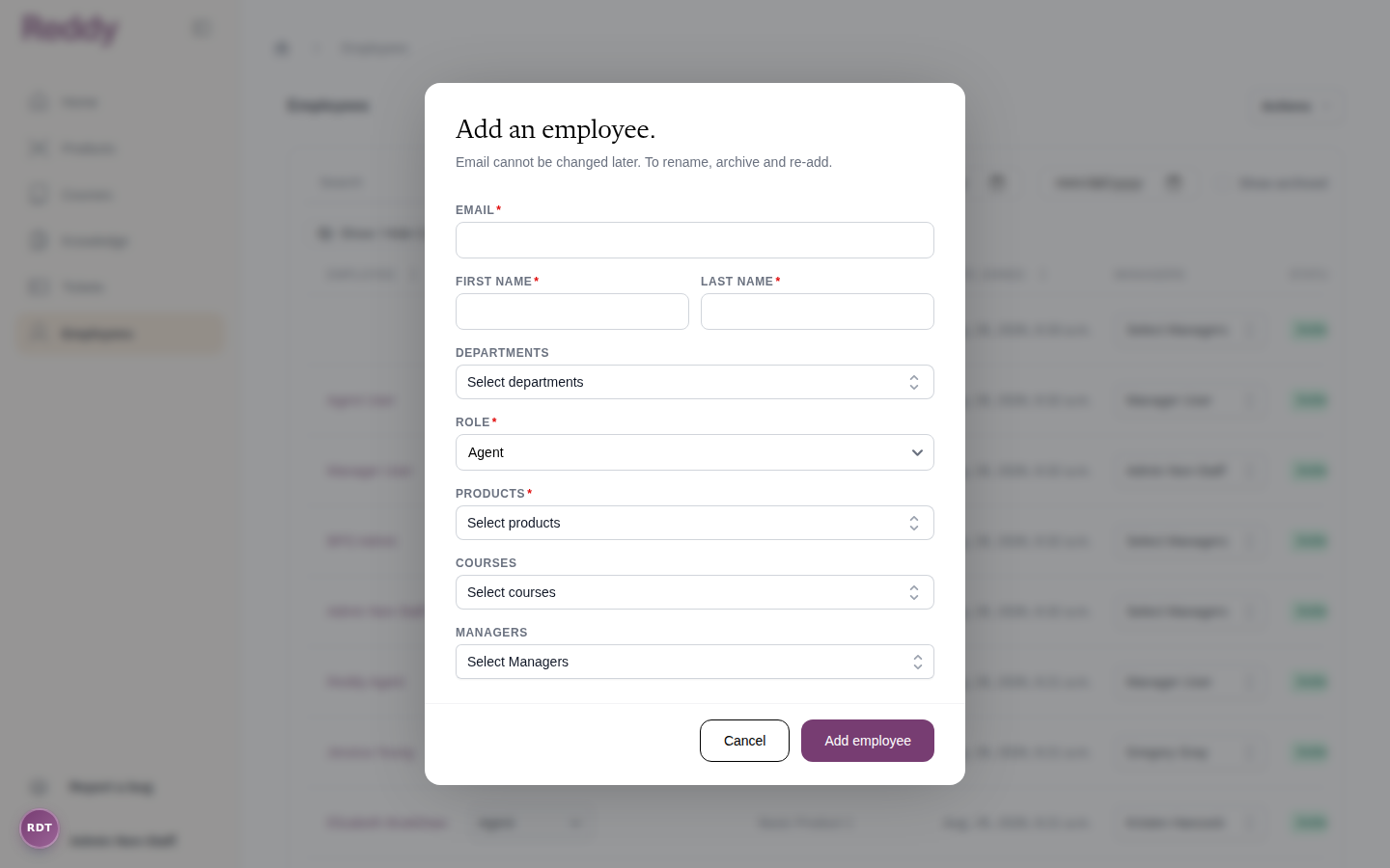 Add an employee modal with fields for email, name, departments, role, products, courses, and managers