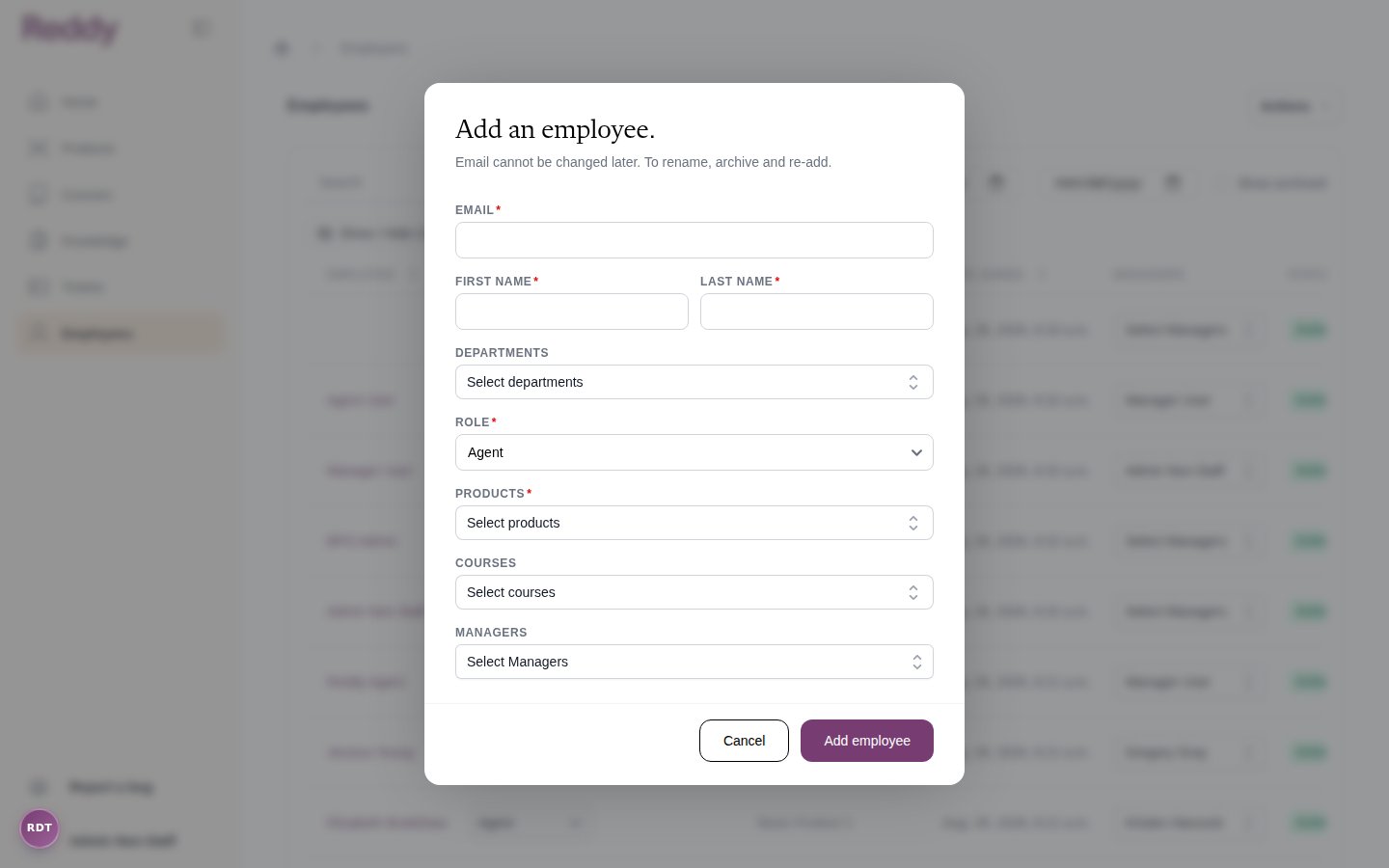 Add an employee modal with fields for email, name, departments, role, products, courses, and managers
