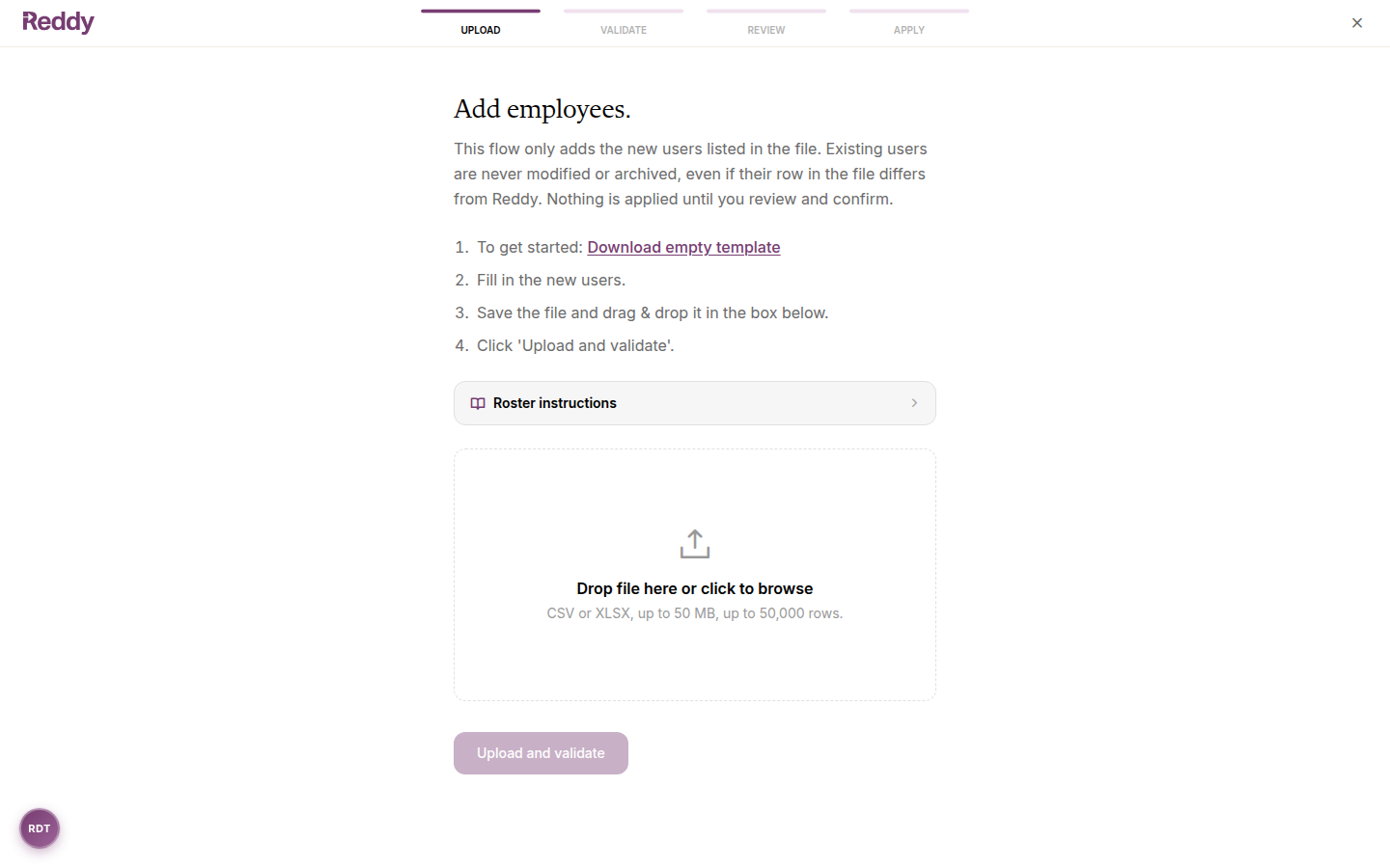 Add employees upload page with a Download empty template link and a drag-and-drop file zone