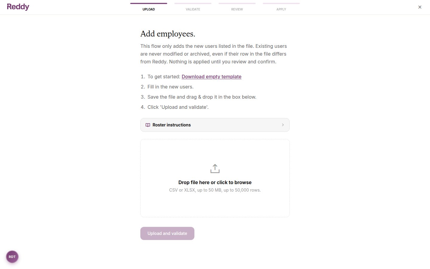 Add employees upload page with a Download empty template link and a drag-and-drop file zone