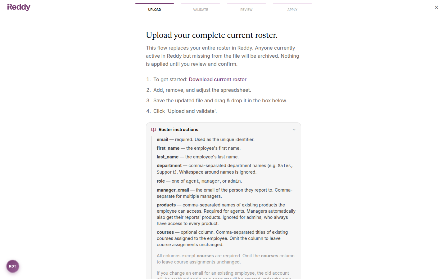 Upload page with the Roster instructions panel expanded, describing each column