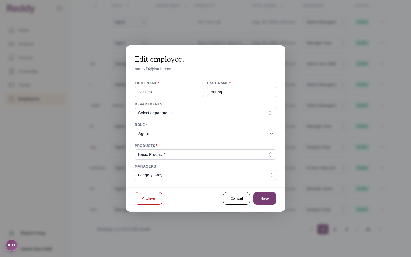 Edit employee modal with fields for name, departments, role, products, and managers