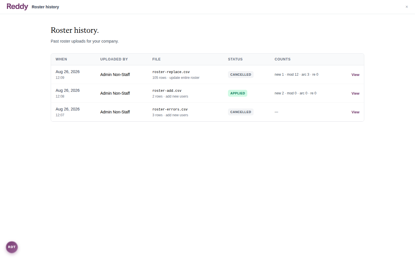 Roster history page listing past uploads with status pills and change counts