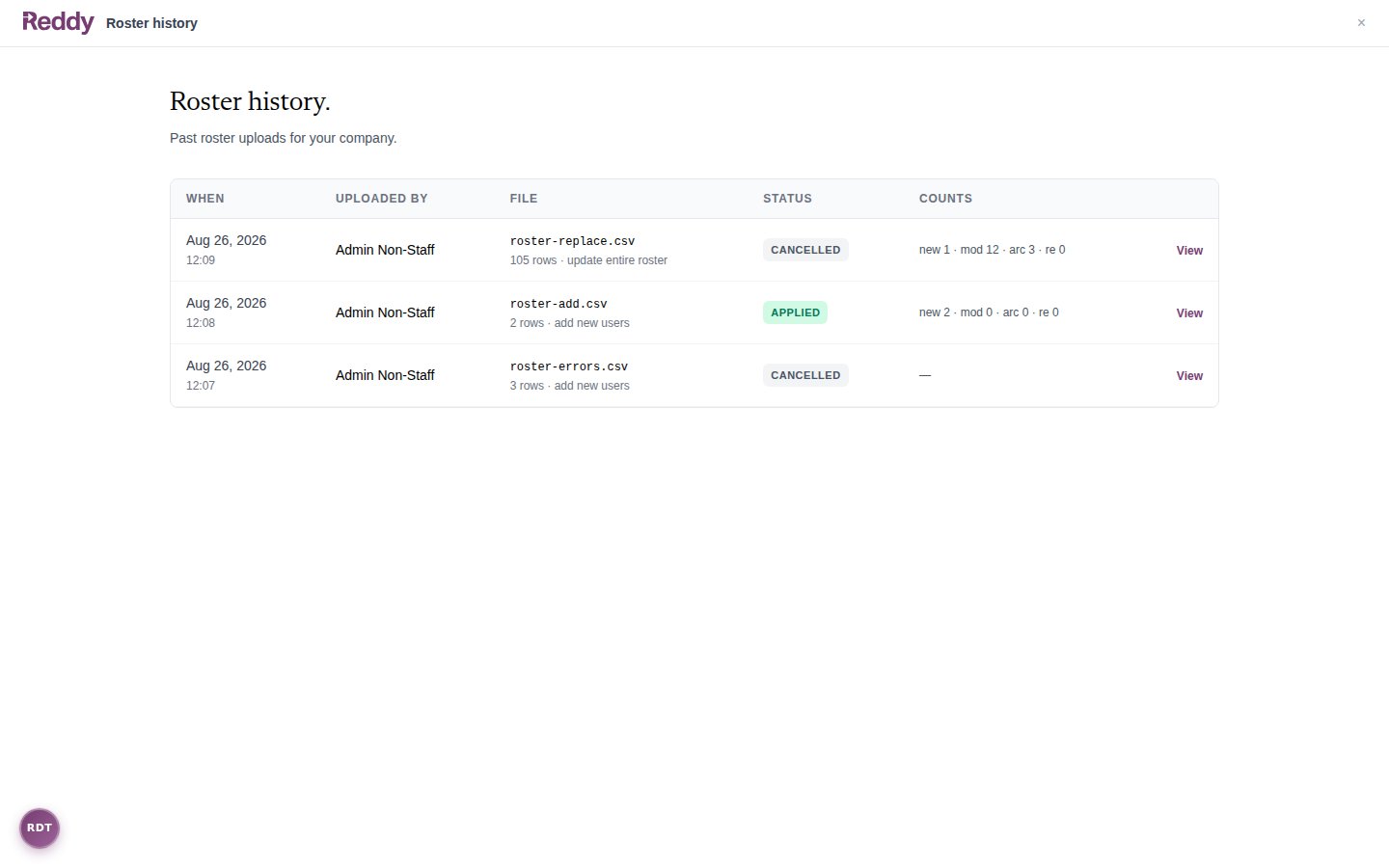 Roster history page listing past uploads with status pills and change counts