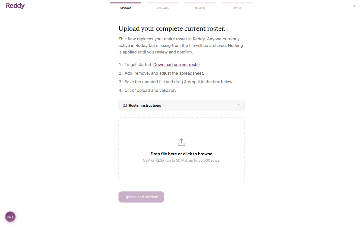 Full-screen roster upload page with the Upload, Validate, Review, Apply step bar and a drag-and-drop file zone