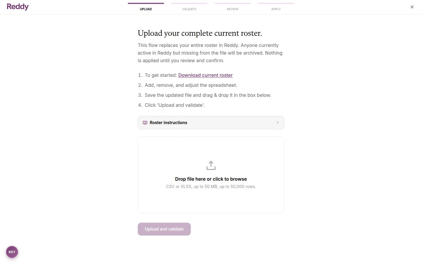 Full-screen roster upload page with the Upload, Validate, Review, Apply step bar and a drag-and-drop file zone
