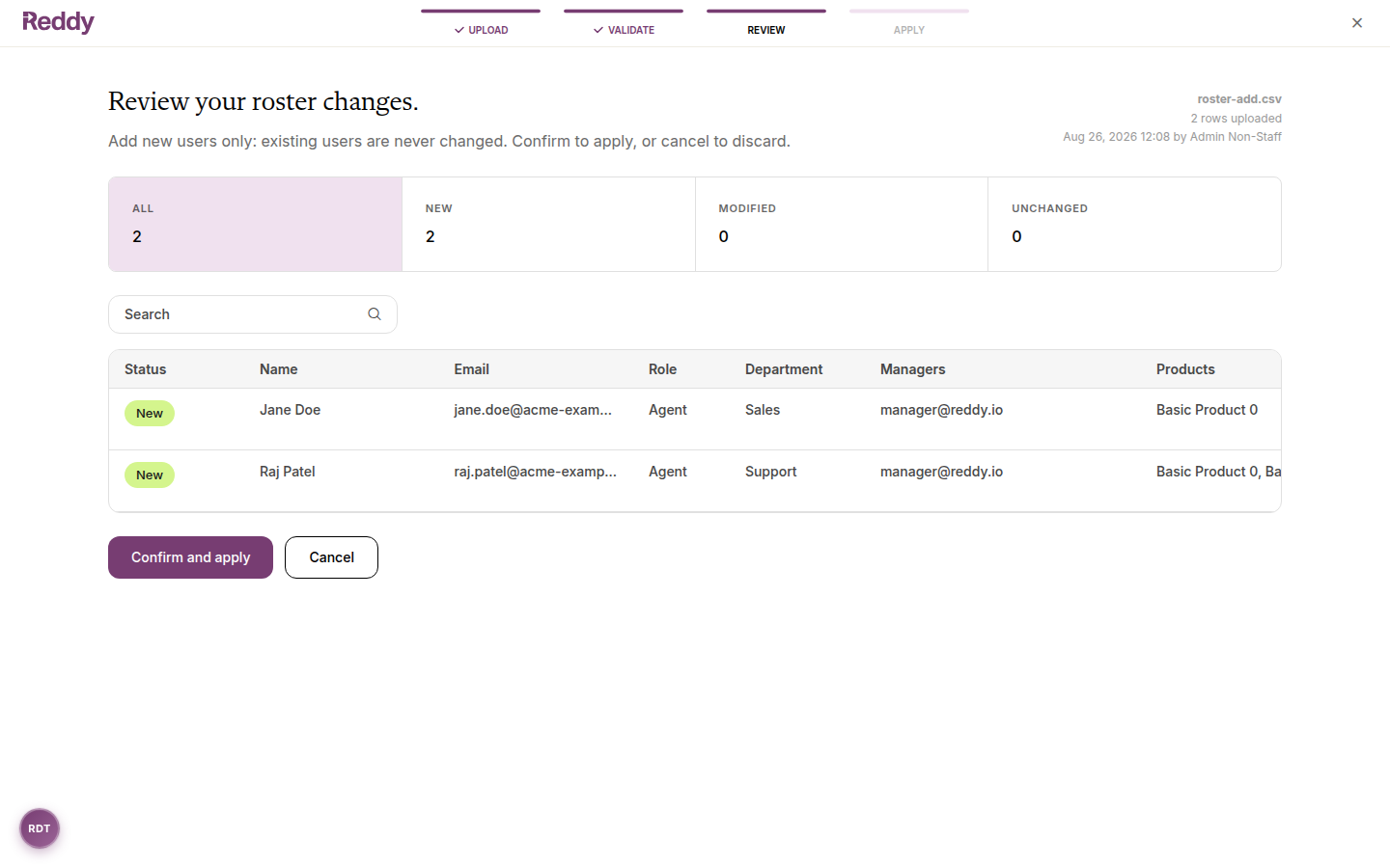Review screen for an add-only upload listing the new employees to be created