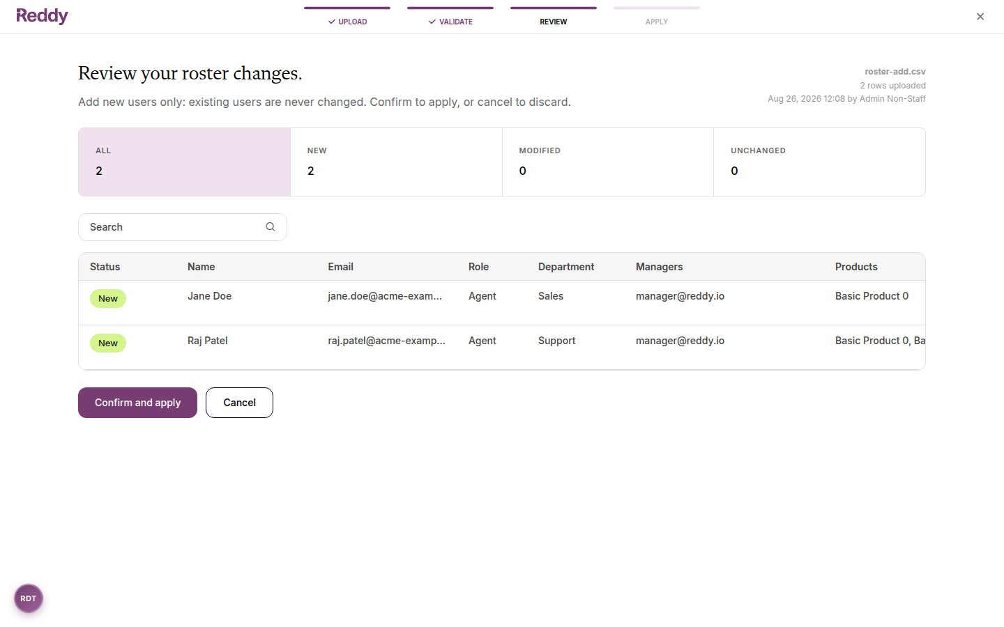 Review screen for an add-only upload listing the new employees to be created