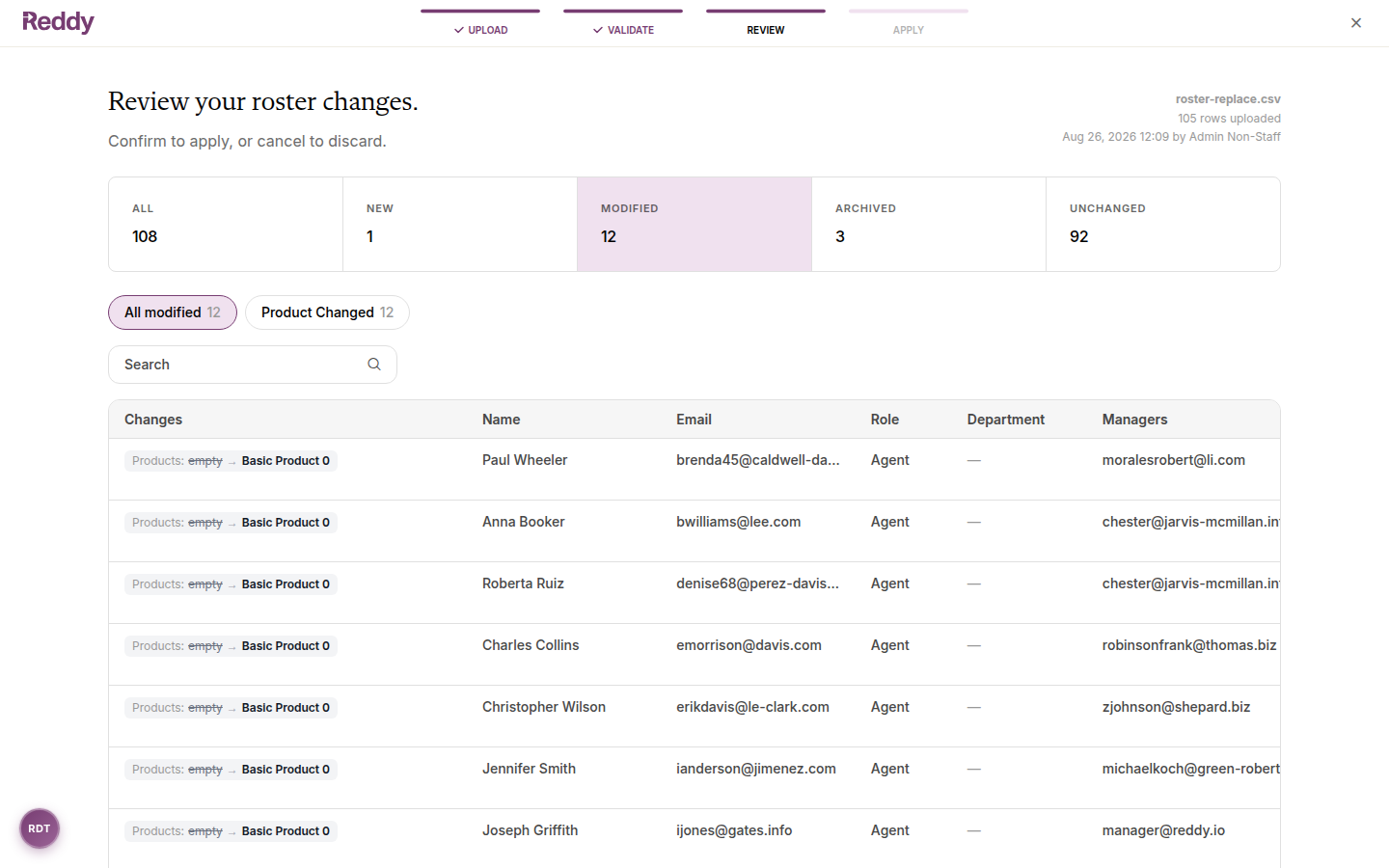 Modified tab of the review screen with per-field change chips showing old and new values