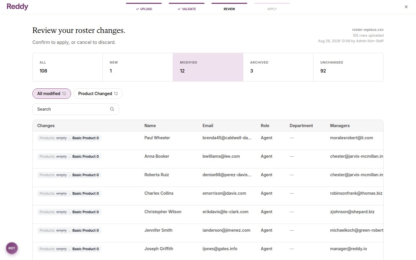 Modified tab of the review screen with per-field change chips showing old and new values
