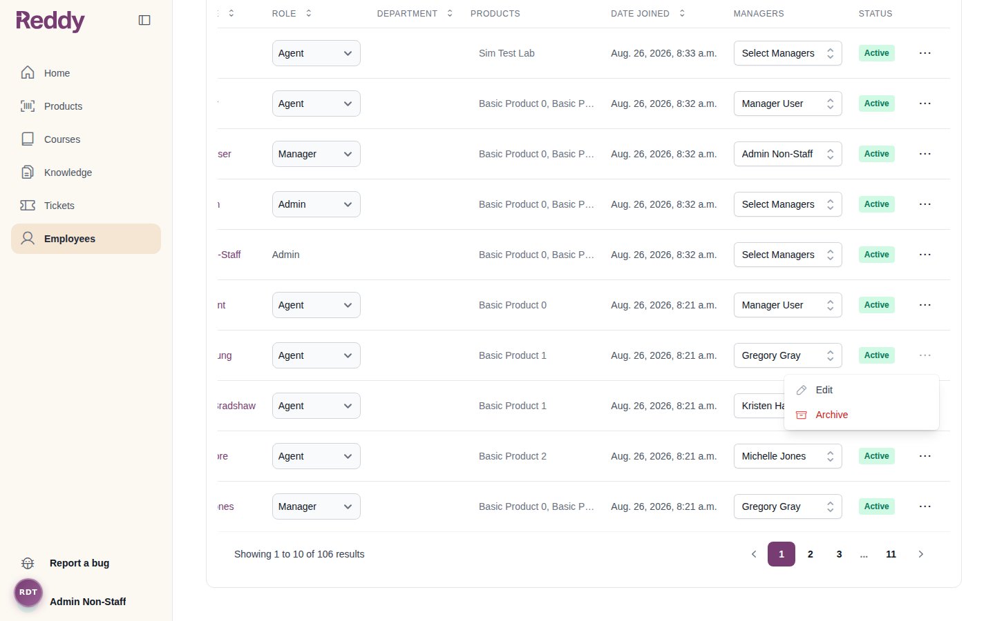 Row actions menu on the employees table showing Edit and Archive
