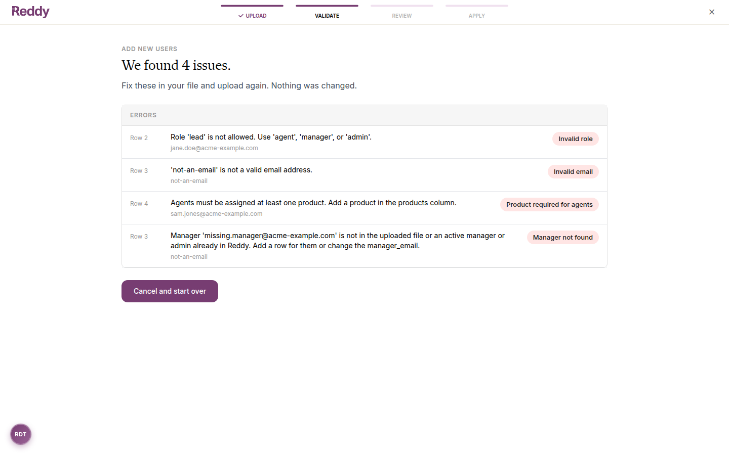 Validation results listing each issue with its row number, message, and error type