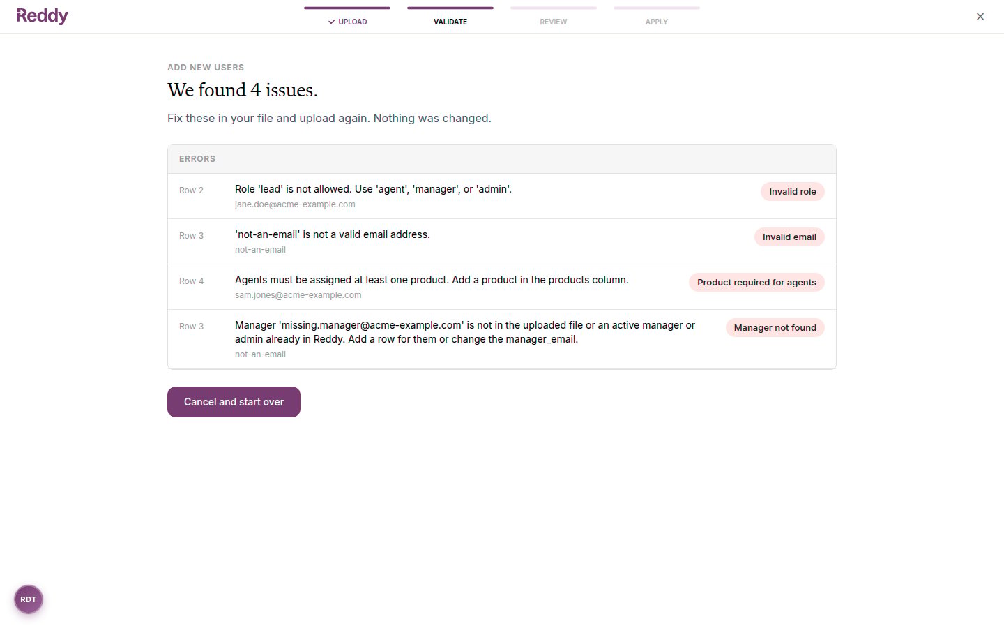 Validation results listing each issue with its row number, message, and error type