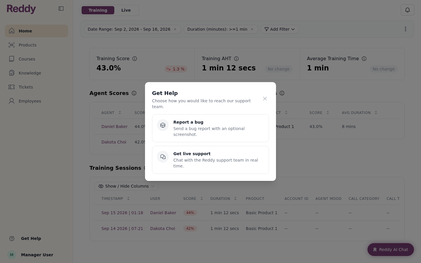 Get Help menu showing Report a bug and Get live support