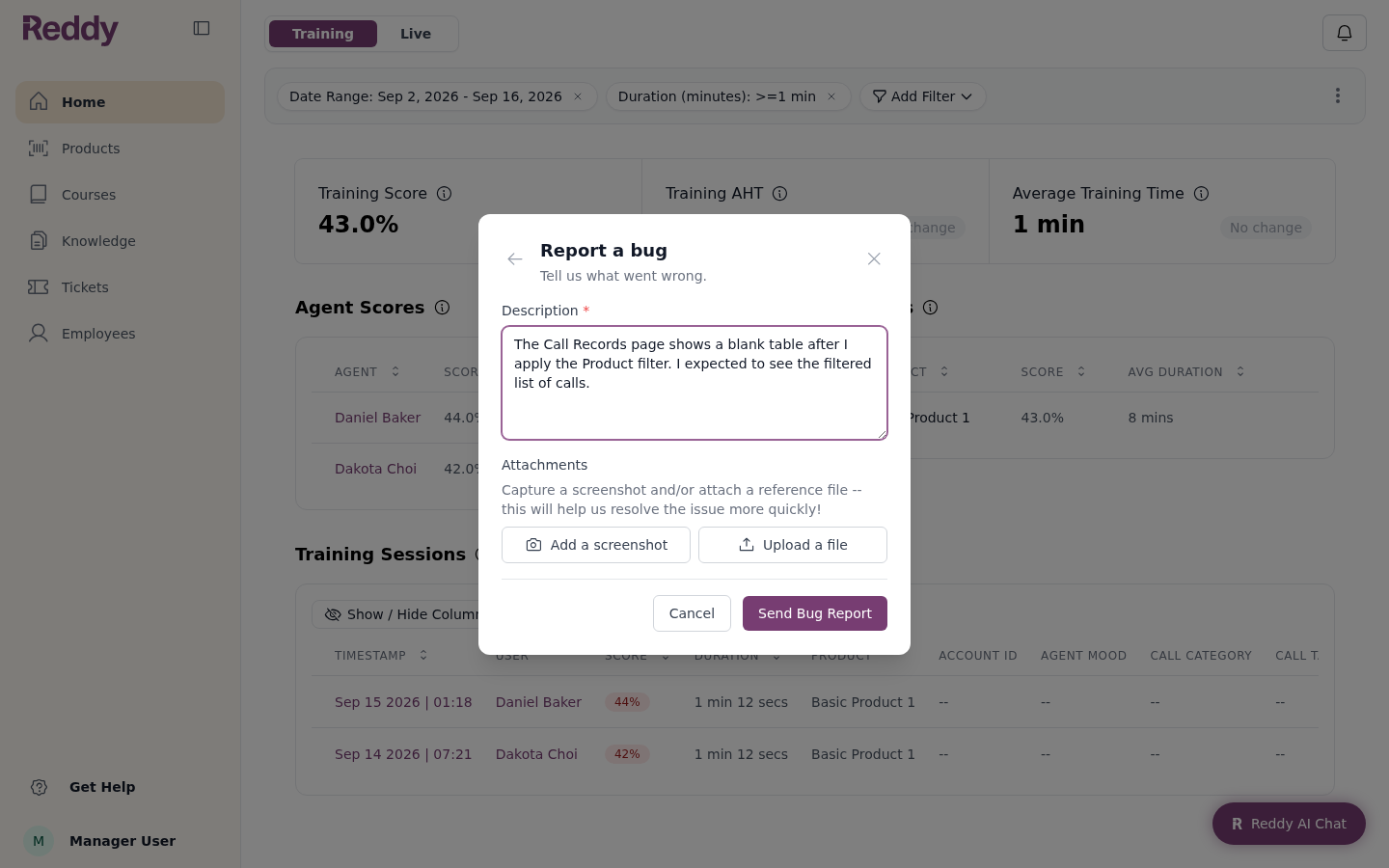Report a bug form with description and attachment options