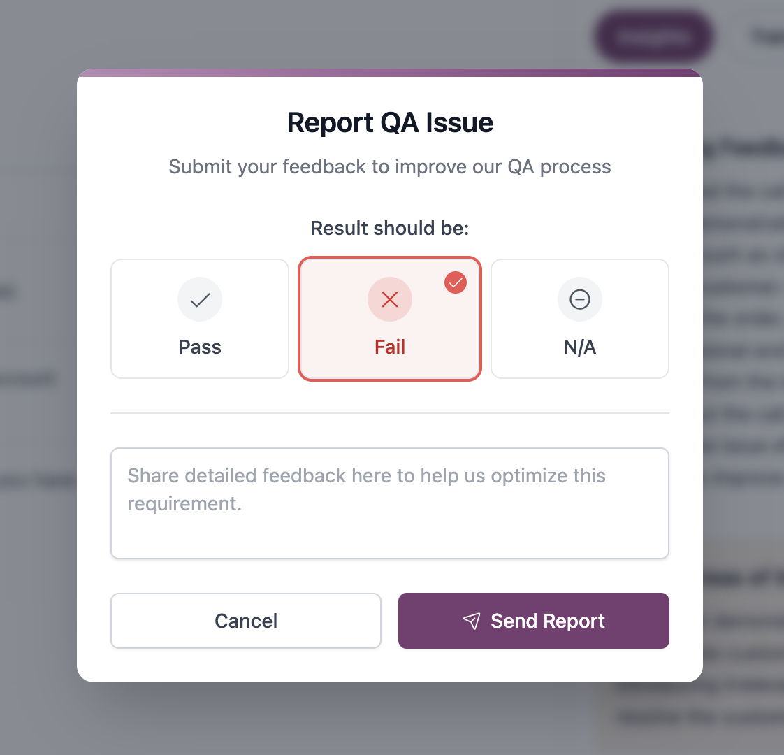 Modal for providing QA correction feedback